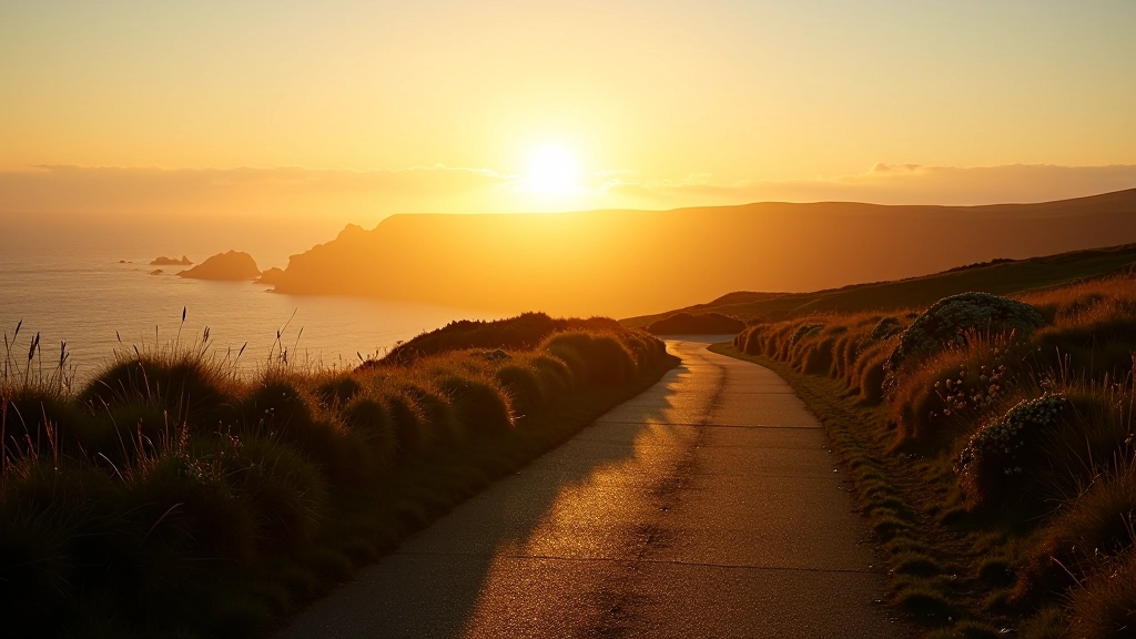 Golden morning light illuminating coastal cliffs with long shadows, peaceful and empty path