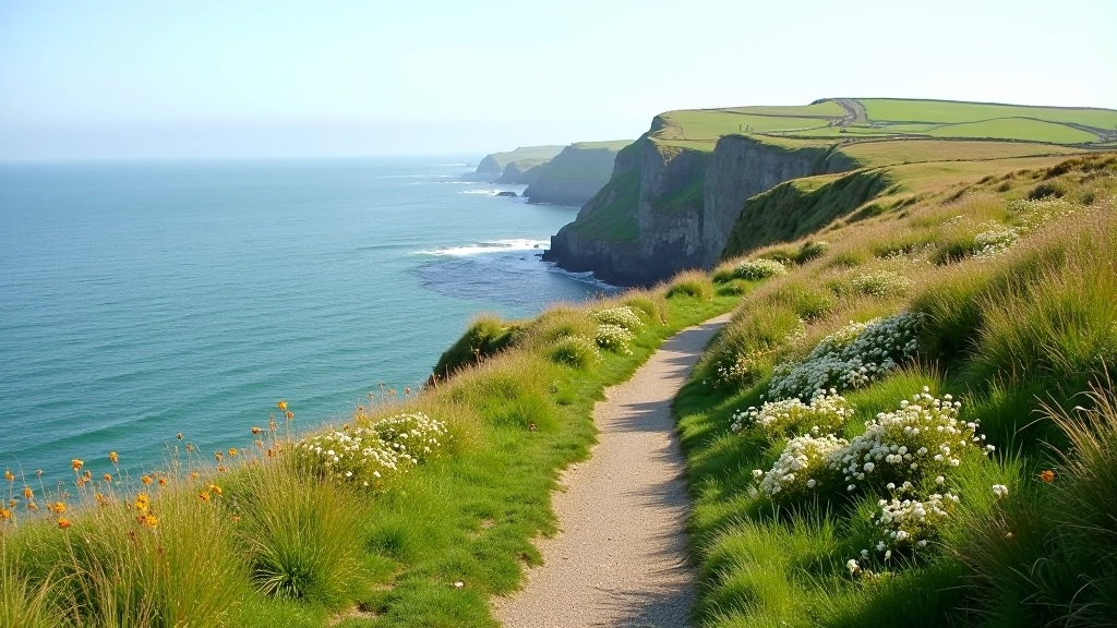 Coastal walking path along green grassy cliffs with clear views of the Irish Sea