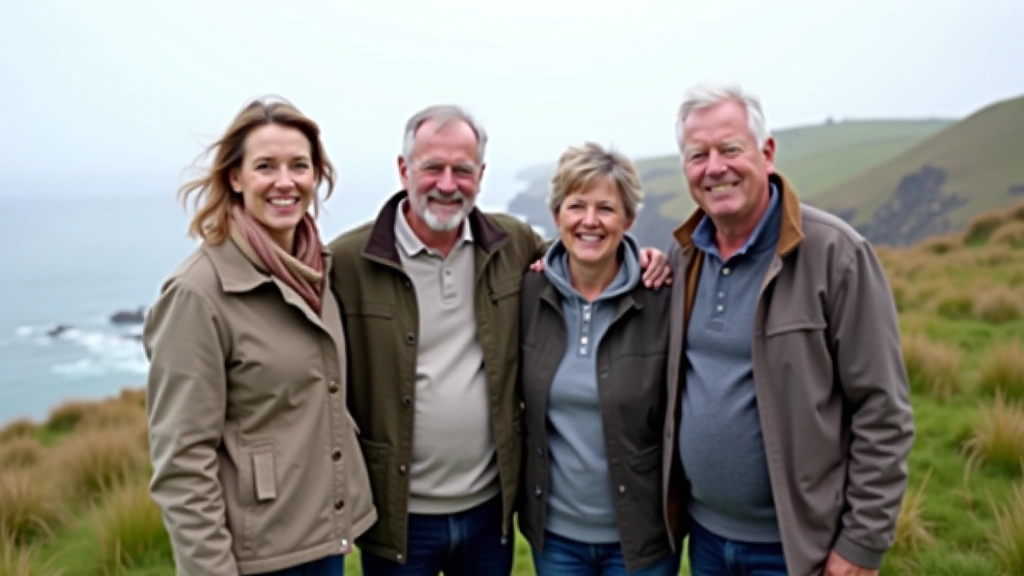 Group of four people of varying ages standing together outdoors on a grassy coastal area, smiling and ready for their walk