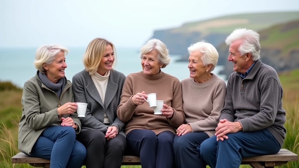 Group of five older adults sitting together on a bench after their walk, laughing and having tea, coastal scenery behind them