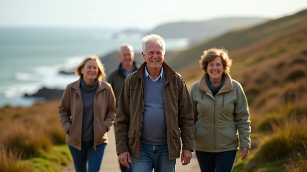Group of mature adults walking together on a coastal path, smiling and enjoying the scenery