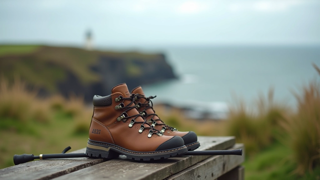 Comfortable walking boots and a walking stick resting on a wooden bench overlooking coastal scenery