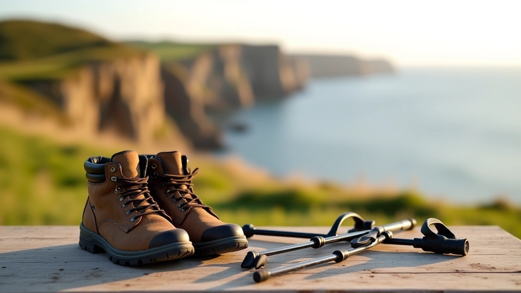 Walking boots and trekking poles resting against a wooden post overlooking rolling green cliffs and the Irish Sea
