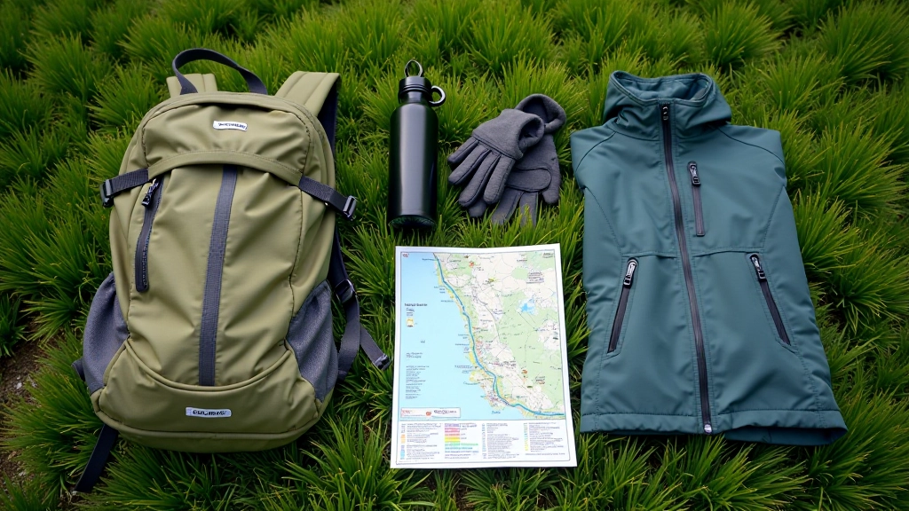 Close-up of outdoor gear arranged neatly: a backpack, water bottle, walking gloves, and rain jacket on grass