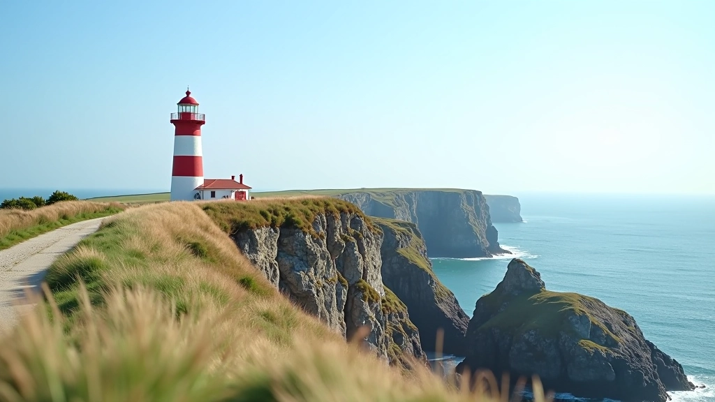 Historic red and white striped Hook Head Lighthouse standing on coastal cliffs