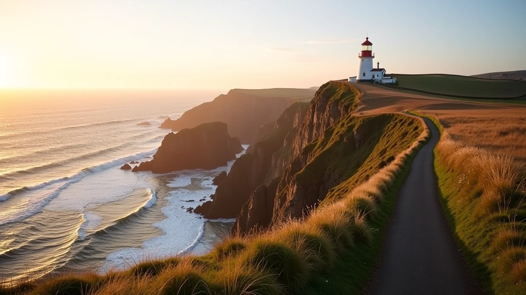 Panoramic view of Hook Head lighthouse perched on rugged coastal cliffs with crashing waves and distant horizon