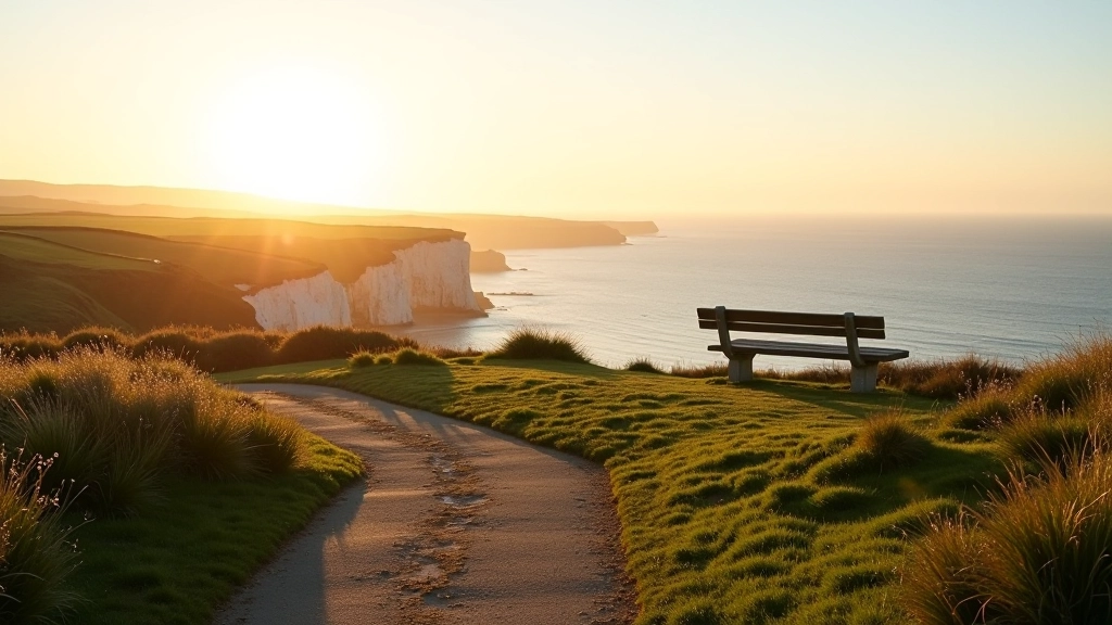 Scenic overlook of Hook Head lighthouse with benches for resting and panoramic coastal views in the distance