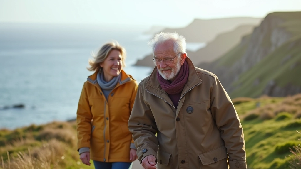 Older adults walking together on a scenic coastal path with sea views and green clifftops