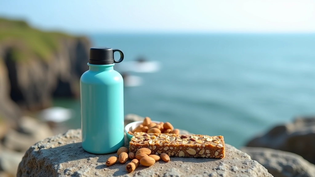 Reusable water bottle and energy snacks like nuts and fruit bars placed on a rocky coastal outcrop with sea view