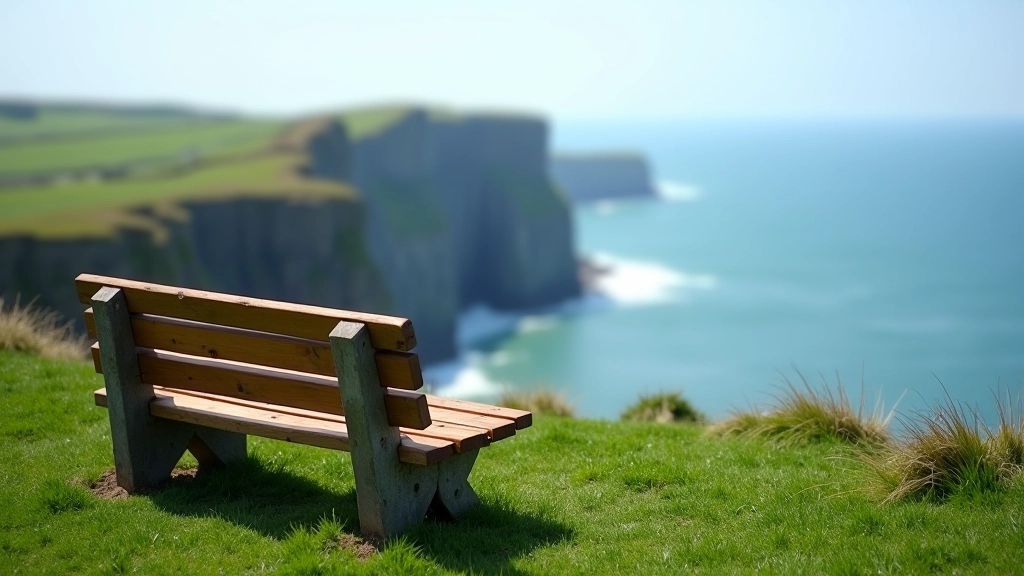 Wooden bench on grassy clifftop overlooking ocean, perfect resting spot during coastal walk with scenic water views